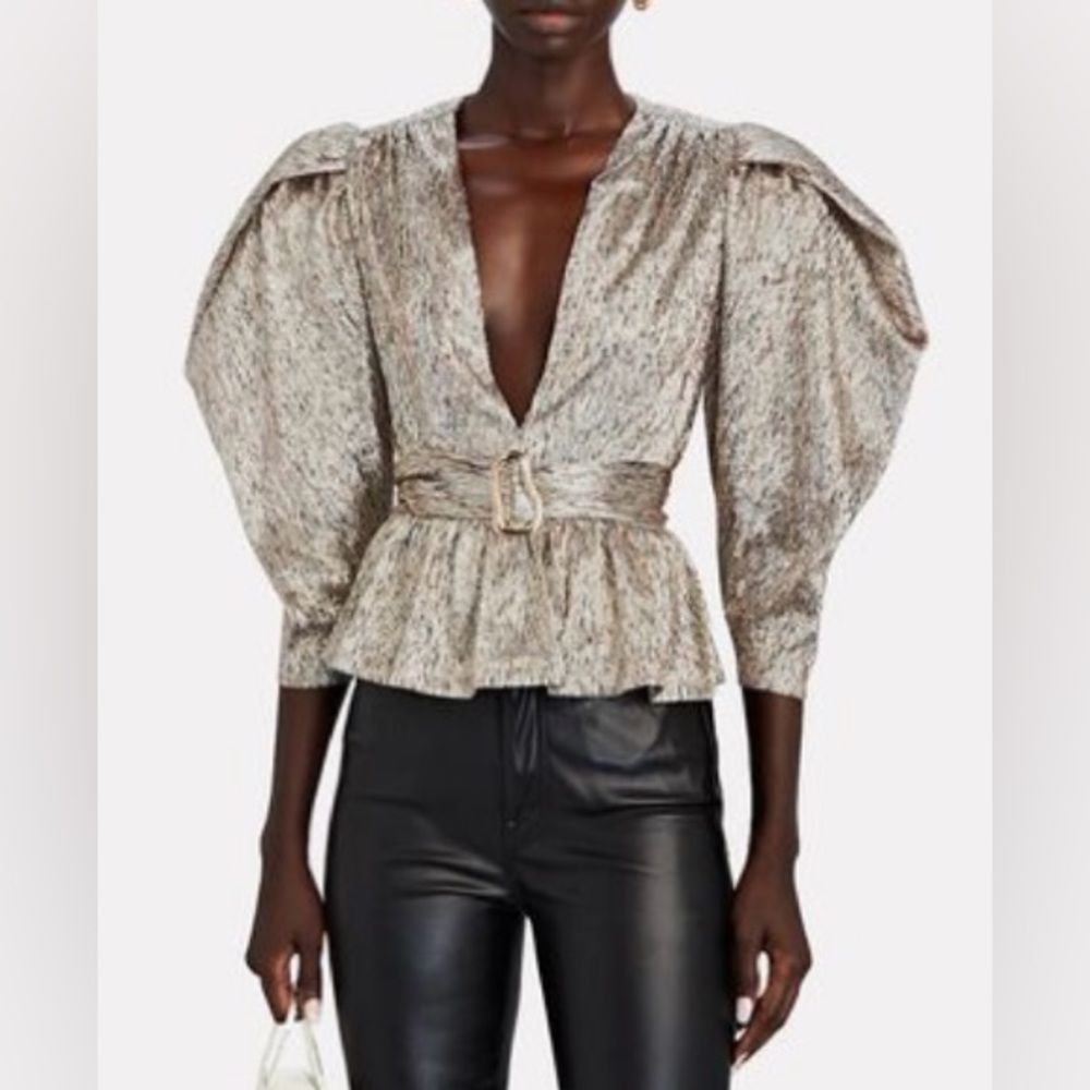 Neiman Marcus gold top w/puff sleeves by Sabina Musayev. Size S. Pristine cond.